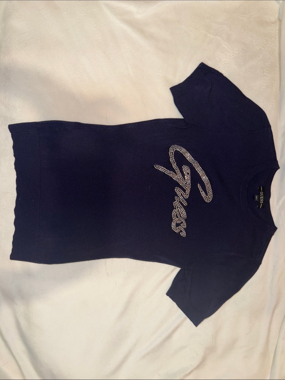 Guess Navy Crewneck Top with Crystal Logo